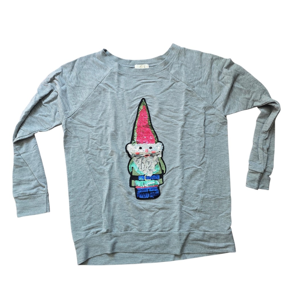 Cupio Womens Gray Sequin Garden Gnome Raglan Sweatshirt Large Crew Neck Pullover